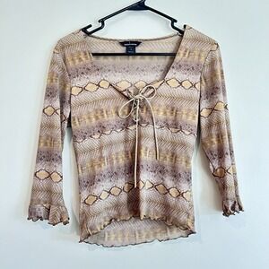 Vtg Y2K Made in USA Top Sz S Hippie Boho Lace Up Snakeskin Pattern Lettuce Hem